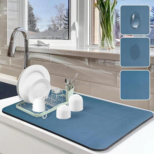 Dish Drying Mat for Kitchen Counter, 16"x24" Dish Drying Pad with Non-slip Rubber Backed, Hide Stain Anti Absorbent for Kitchen Counter, Drying Mat for Coffee Machine Dish Rack (Blue) by Etomiel