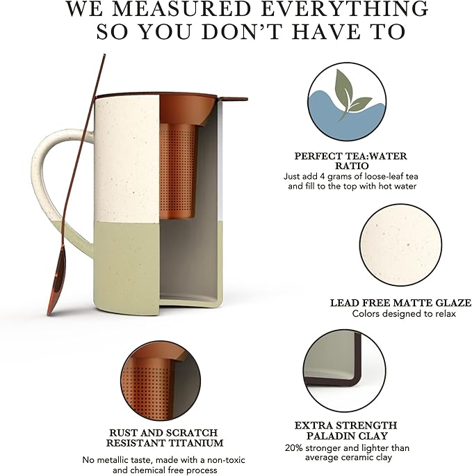 Mora Ceramics Tea Cup with Loose Leaf Infuser, Spoon and Lid, 12 oz, Microwave and Dishwasher Safe Coffee Mug - Rustic Matte Ceramic Glaze, Modern Herbal Tea Strainer - Great Gift for Women, Limestone - Image 4
