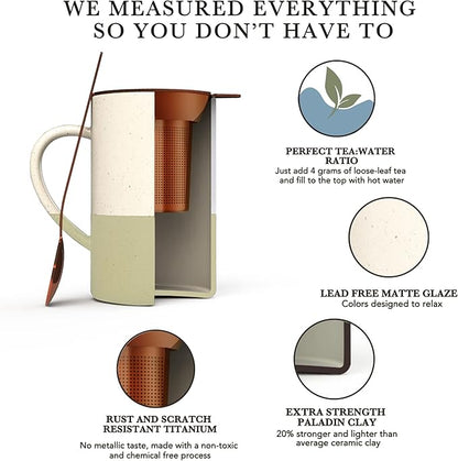 Mora Ceramics Tea Cup with Loose Leaf Infuser, Spoon and Lid, 12 oz, Microwave and Dishwasher Safe Coffee Mug - Rustic Matte Ceramic Glaze, Modern Herbal Tea Strainer - Great Gift for Women, Limestone - Image 4