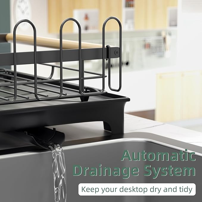 2-Tier Dish Rack with Drainboard: Large Capacity Anti-Rust Kitchen Counter Organizer with Cup, Utensil & Cutting Board Holders, Heavy Duty Dish Drying Rack, Black