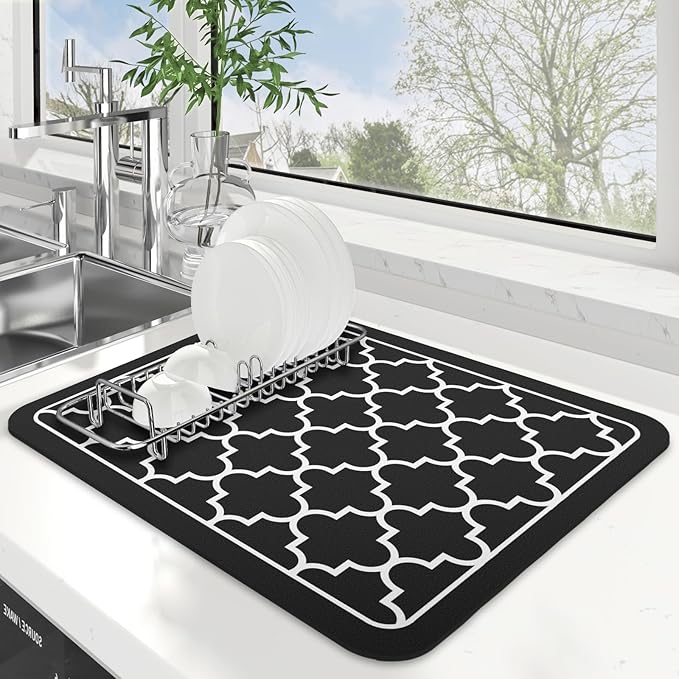 WISELIFE Dish Drying Mat Super Absorbent Drying Mat Large Dish Drying Mats for Kitchen Counter Easy Clean Dish Mat Kitchen Drying Mat15"x 18" Stylish Black by WiseLife