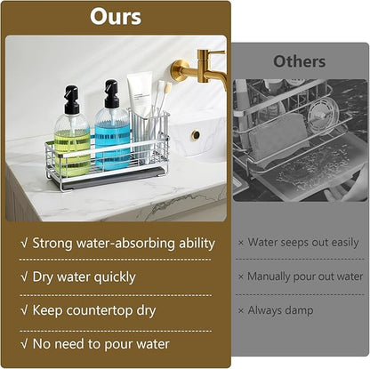 Shinowa Kitchen Dish Soap Dispenser Set, 14OZ Glass Bottle with Rustproof 304 Stainless Steel Sponge Holder and Instant Dry Tray, Hand and Dish Soap Dispenser Set for Kitchen Sink Organizer, Silver