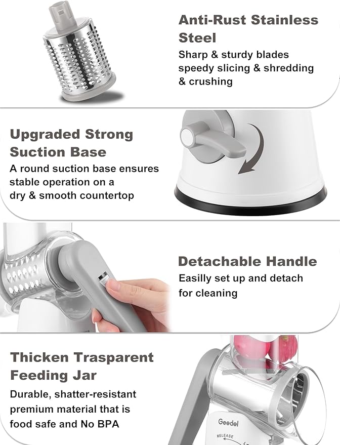 Geedel Rotary Cheese Grater Cheese Shredder with 5 Interchangeable Blades - Upgraded Rotary Grater Featuring Strong Suction Base for Cheese Shredding, Wavy Slicing, Nut Grinding, and Ice Shaving - Image 6