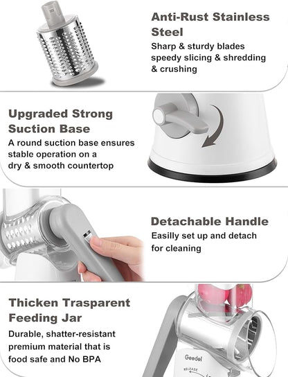 Geedel Rotary Cheese Grater Cheese Shredder with 5 Interchangeable Blades - Upgraded Rotary Grater Featuring Strong Suction Base for Cheese Shredding, Wavy Slicing, Nut Grinding, and Ice Shaving - Image 6