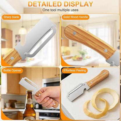 Multi-Functional Vegetable Peeler for Kitchen, with Wooden Handle and Bottle Opener, 2-in-1 Stainless Steel Blade Kitchen Tool for Fruit Apple Potato Pumpkin Papaya(2pcs) - Image 5