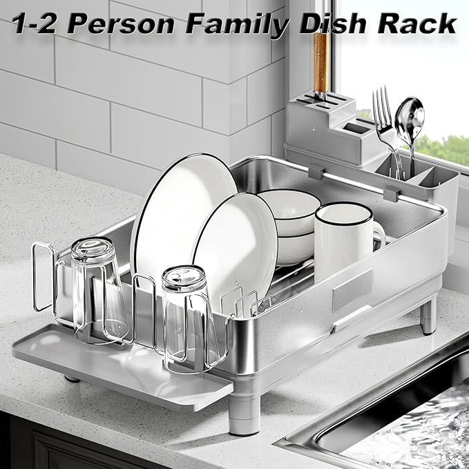 Ewaiira Dish Drying Rack, 304 Stainless Steel Dish Racks for Kitchen Counter, Dish Drainers with Automatic Drainage, Utensil Holder & Cups Holder, Space Saving Kitchen Organizer, Gray - Image 2