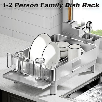 Ewaiira Dish Drying Rack, 304 Stainless Steel Dish Racks for Kitchen Counter, Dish Drainers with Automatic Drainage, Utensil Holder & Cups Holder, Space Saving Kitchen Organizer, Gray - Image 2