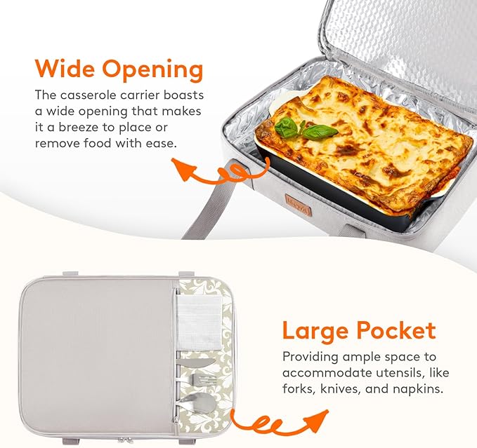 Lifewit Insulated Double Decker Casserole Carrier, Expandable Lasagna Lugger Tote Bag for Hot or Cold Food, Fits 9" x 13" Baking Dish for Potluck Parties, Picnic and Cookouts, Grey-Flowers