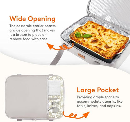 Lifewit Insulated Double Decker Casserole Carrier, Expandable Lasagna Lugger Tote Bag for Hot or Cold Food, Fits 9" x 13" Baking Dish for Potluck Parties, Picnic and Cookouts, Grey-Flowers