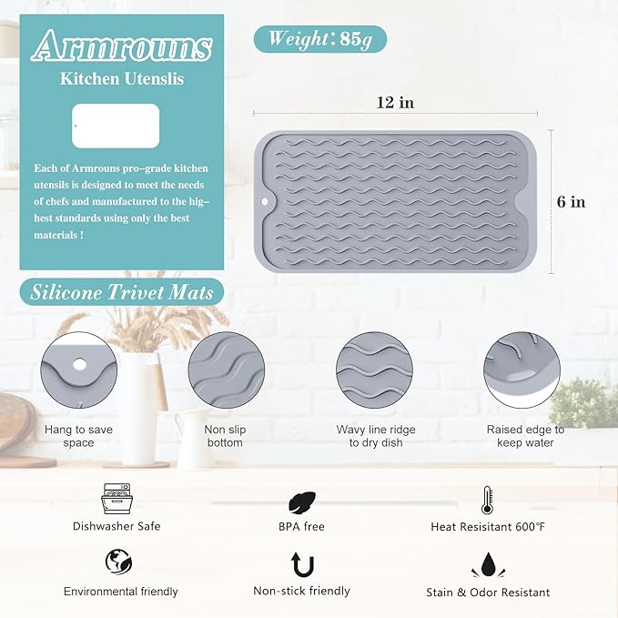 Silicone Dish Drying Mat, Multipurpose Heat Resistant 600 ℉ 7-Inch Food Grade & BPA Free. Non-Slip Trivet mats for Cup, Hot Pot, Hot Dishes - Image 2