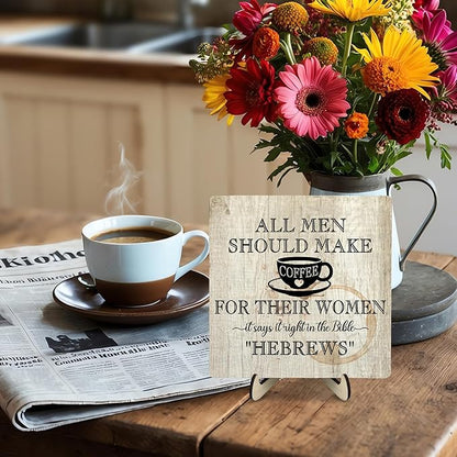 Coffee Bar Sign Plaque, Coffee Signs for Coffee Station, Vintage Coffee Sign Decor for Kitchen, Coffee Bar Accessories, Coffee Themed Gifts,All Men Should Make Coffee for Their Woman-HEBREWS (Beige1, 5.9x5.9inches) - Image 6