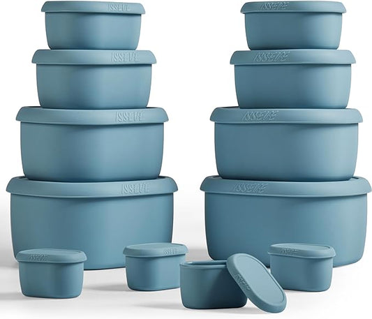 ISSEVE 12Pcs/Set Nesting Silicone Food Storage Containers with Lids, BPA Free Reusable Meal Prep Silicone Containers Airtight, Freezer Dishwasher Safe (33.8oz, 20oz, 10oz, 6.7oz, 1.3oz) (Blue)