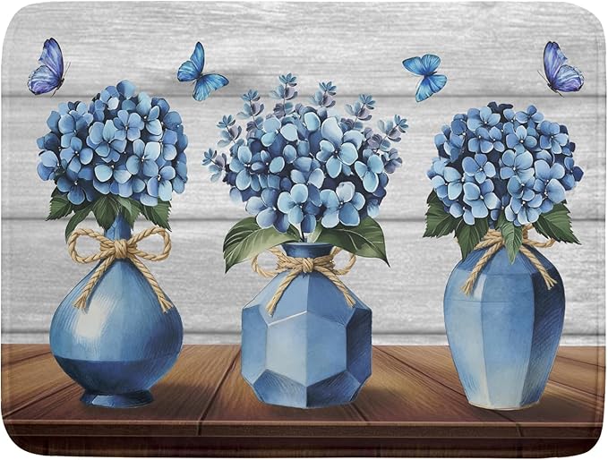 Giwawa Blue Hydrangea Dish Drying Mat for Kitchen Vintage Wood Board Floral Butterfly Dish Drainer Mats 18x24inch Rustic Flowers Dish Drying Rack Pad Protector for Countertop Dining Decor