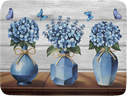 Giwawa Blue Hydrangea Dish Drying Mat for Kitchen Vintage Wood Board Floral Butterfly Dish Drainer Mats 18x24inch Rustic Flowers Dish Drying Rack Pad Protector for Countertop Dining Decor