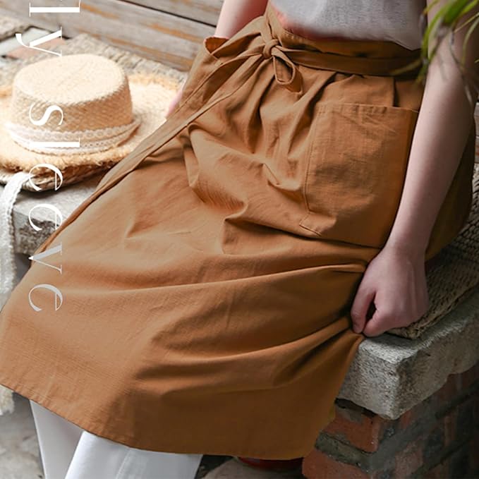 Cotton Linen Half Apron for Women Vintage Waist Apron Ruffle Plain Bright Color for Cooking Painting Artwork