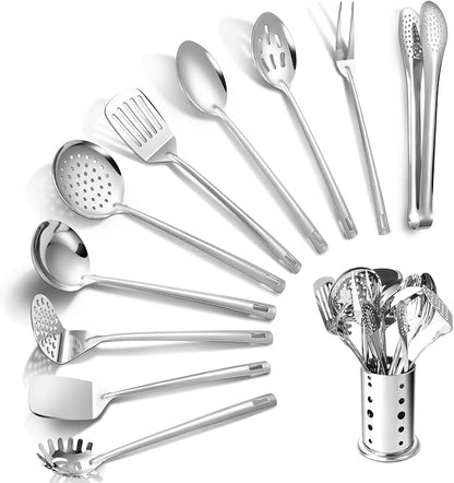 Lazycorner Kitchen Utensils Set, 11pcs Stainless Steel Cooking Utensils Set with Holder – Includes Turners, Potato Masher, Spatula, Spoons, Pasta Server, Tongs, Soup Ladle, Serving Spoon by Lazycorner