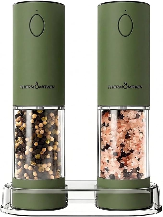 ThermoMaven Electric Salt and Pepper Grinder Set, 110ml Larger Rechargeable Automatic Salt and Pepper Mill Grinder with 6 Adjustable Coarseness, Electric Salt and Pepper Shakers, LED, Matcha by ThermoMaven