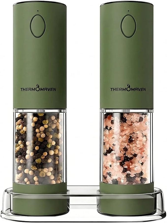 ThermoMaven Electric Salt and Pepper Grinder Set, 110ml Larger Rechargeable Automatic Salt and Pepper Mill Grinder with 6 Adjustable Coarseness, Electric Salt and Pepper Shakers, LED, Matcha by ThermoMaven