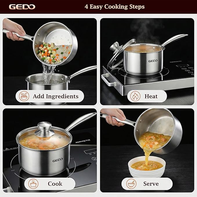 GEDO Food-Grade 316L Stainless Steel Sauce Pan with Glass Lid, 3-Ply Integrated Body Uncoated Cooking Pot, Universal for Induction Gas Ceramic Stovetops, Multi-Purpose Kitchen Cookware (2, Quarts) - Image 8