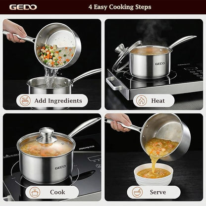 GEDO Food-Grade 316L Stainless Steel Sauce Pan with Glass Lid, 3-Ply Integrated Body Uncoated Cooking Pot, Universal for Induction Gas Ceramic Stovetops, Multi-Purpose Kitchen Cookware (2, Quarts) - Image 8