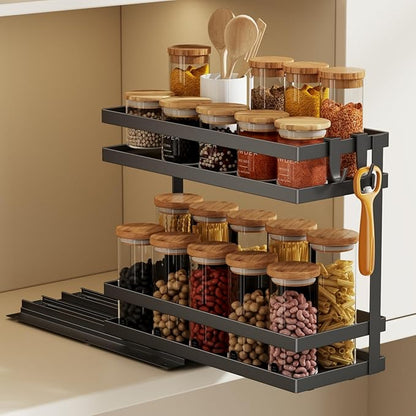 Magheo Pull Out Spice Rack Organizer for Cabinet, 1 Pack Metal Seasoning Organizer Slide Out Spice Storage Shelf No Assembly Vertical Spice Rack Pullout for Kitchen & Bahthroom No Drill(2 Tier,Black) by COMFORTYOURHOME