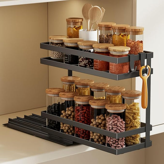 Magheo Pull Out Spice Rack Organizer for Cabinet, 1 Pack Metal Seasoning Organizer Slide Out Spice Storage Shelf No Assembly Vertical Spice Rack Pullout for Kitchen & Bahthroom No Drill(2 Tier,Black) by COMFORTYOURHOME