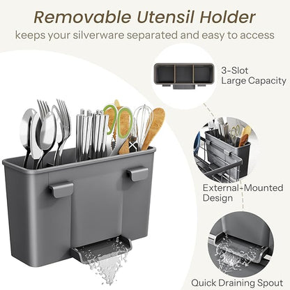 SNTD Dish Drying Rack - Small Dish Rack for Kitchen Counter, Stainless Steel Dish Drainer with Utensil Holder and Drainboard, 11" W x 15" L (Grey) - Image 7