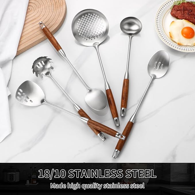 Izurok 18/10 Stainless Steel Kitchen Utensils Set,6 Piece Cooking Utensils With Wood Handle,Heat Resistant Kitchen Tool Set With Spatula, Spoon, Ladle, Skimmer, Slotted Spoon, Pasta - Image 6