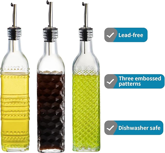 MDLUU Oil and Vinegar Dispenser Set, 17oz Clear Glass Olive Oil Bottles, Kitchen Vinegar Decanters with 3 Spouts, 3 Plugs, 1 Funnel, Pack of 3 - Image 3