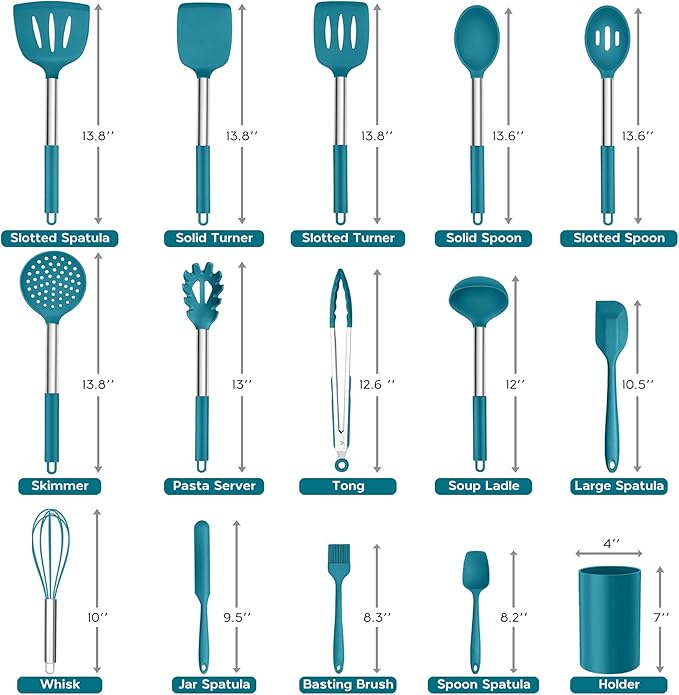 15pcs Kitchen Cooking Utensils Set with Holder, Onader Heat Resistant Silicone Kitchen Utensils Spatula Set with Stainless Steel Handle - Blue - Image 2