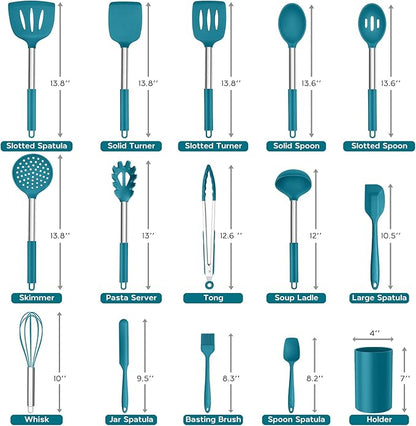 15pcs Kitchen Cooking Utensils Set with Holder, Onader Heat Resistant Silicone Kitchen Utensils Spatula Set with Stainless Steel Handle - Blue - Image 2