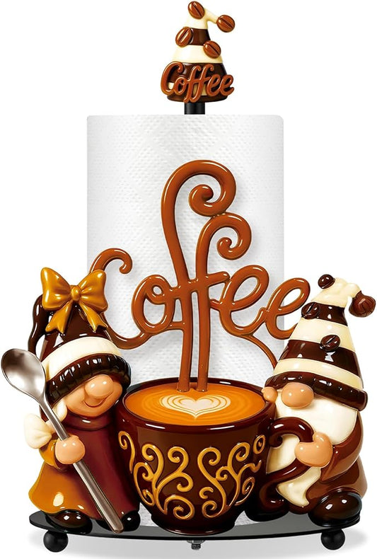Thyle Coffee Gnomes Bar Decor Paper Towel Holder with Round Base Countertop Cute Rustic Gnome Kitchen Bathroom Decorative Paper Towel Holder Stand for Coffee Lovers Gifts Toilet Home Accessories