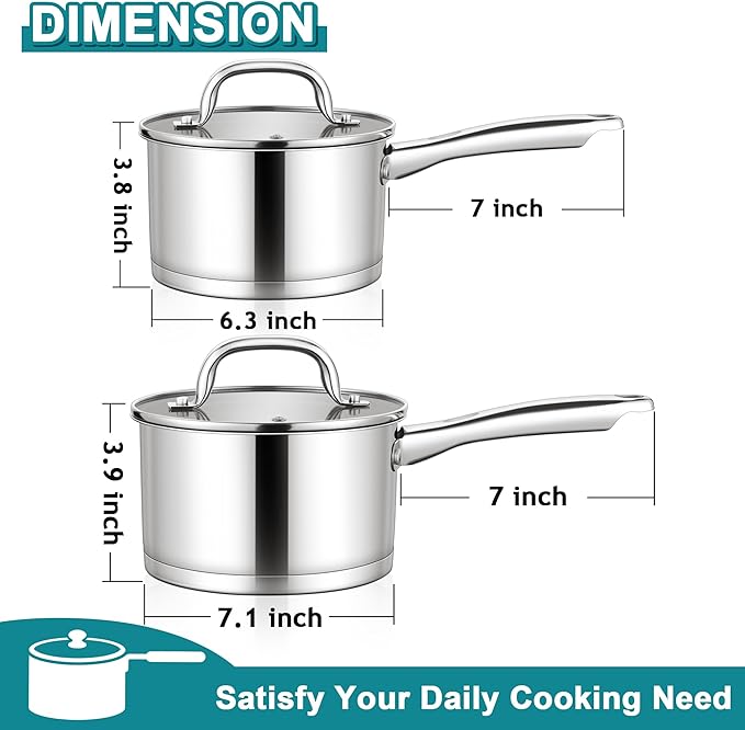 E-far Stainless Steel Saucepan with Lid Set - 2QT & 3QT, Triply Sauce Pan Induction Pot for Cooking, Boiling, Compatible with All Stoves, Visible Lid, Healthy & Non Toxic, Oven & Dishwasher Safe - Image 2