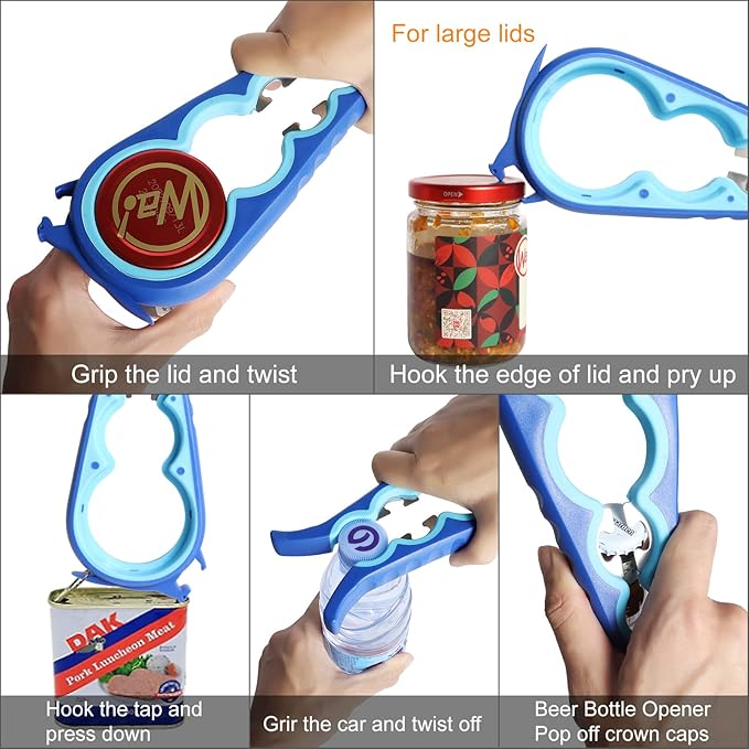 Latest Jar Opener Bottle Opener for Weak Hands, 6 in 1 Multi Function Can Opener Bottle Opener Kit with Silicone Handle Easy to Use for Children, Elderly and Arthritis Sufferers(JAR-Blue3.0) - Image 2