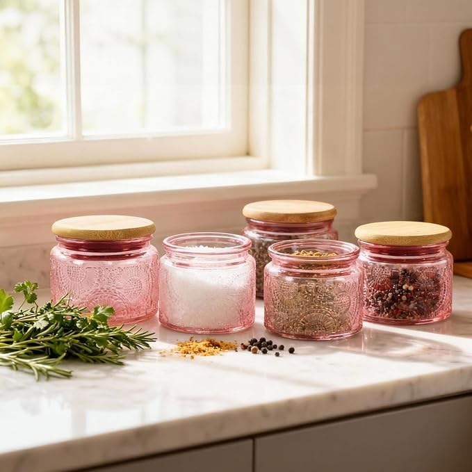 4 oz Glass Storage Jars with Airtight Bamboo Lids (6 pack, 6 Colors) - Decorative Embossed Mini Containers for Spices, Herbs, Kitchen Organization, Candle Making, Party Favors & DIY Gifts