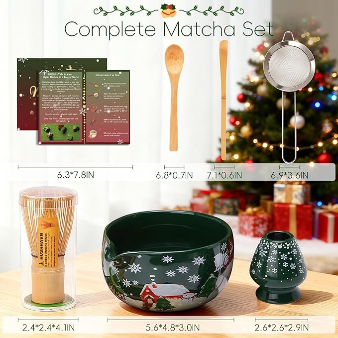 Christmas Matcha Whisk Set, Ceramic Matcha Set Includes Bowl & Holder, Bamboo Whisk (Chasen), Scoop, Spoon and Sifter, 6PCS Matcha Kit Covers Everything Needed for Making Matcha - Image 2