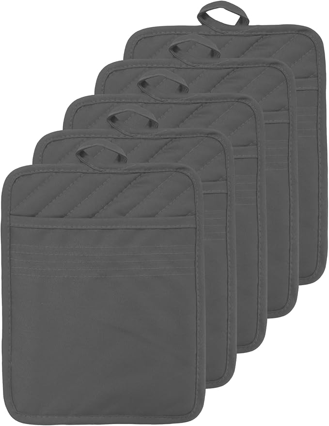 Oven Pot Holder with Pocket Cotton Heat Resistant Coaster Potholder Kitchen Hot Pad Oven Mitts for Cooking Square 7"x9"Set of 5 (Grey) by VEIKERY