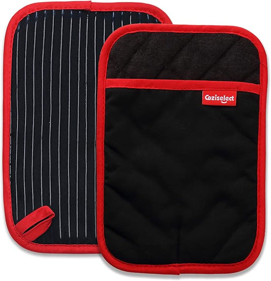 Hot Pads for Kitchen, Potholders for Kitchen Heat Resistant, Heavy Duty Pot Holders with Pockets Non Slip, Pure Cotton and Terrycloth Lining Pot Holders Set of 2, Black by Coziselect