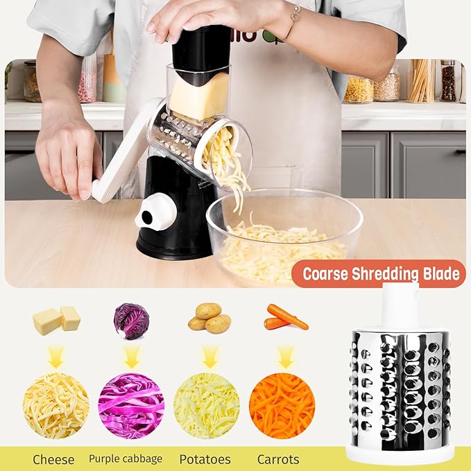 X Home Rotary Cheese Grater for Kitchen, Shredder with 3 Interchangeable Blades, Rotary Grater with Handle and Strong Suction Base, for Vegetables, Fruit, Nuts, Easy to Use and Clean, Black - Image 4