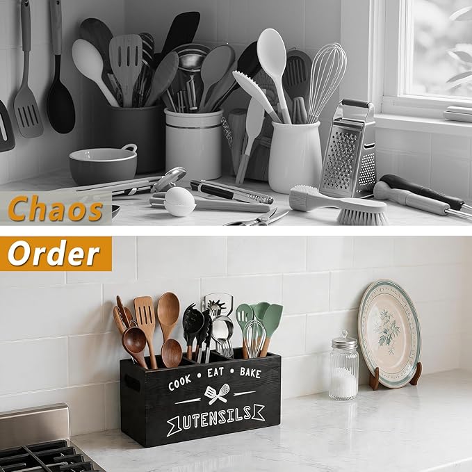 Large and Durable Wooden Kitchen Utensil Holder - Ideal for Kitchen Counter Decor and Party Use （black 3 Compartment）