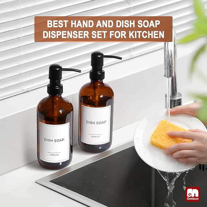 GMISUN Amber Glass Soap Dispenser, 4 Pack Bathroom Hand Soap Dispensers with Stainless Steel Pump, 17 Fl Oz Kitchen Hand and Dish Soap Dispenser Set, Modern Vintage Liquid Brown Soap Dispensers Bottle - Image 6