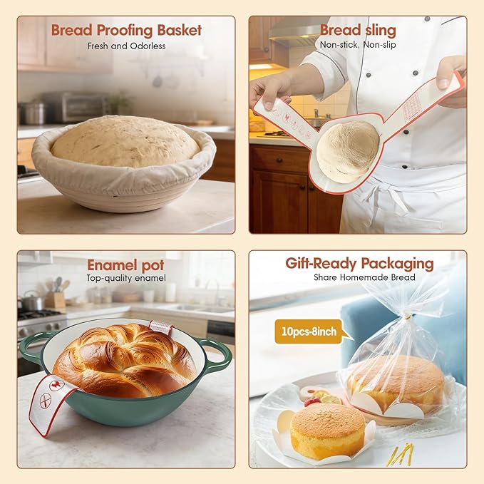 5QT Enameled Cast Iron Dutch Oven for Bread & Multi-Cooking – Complete Sourdough Starter Kit with Lid ,Probe Thermometer, Proofing Basket, Silicone Sling & Gift Packaging Bags,Oven Safe up to 500°F(Green)
