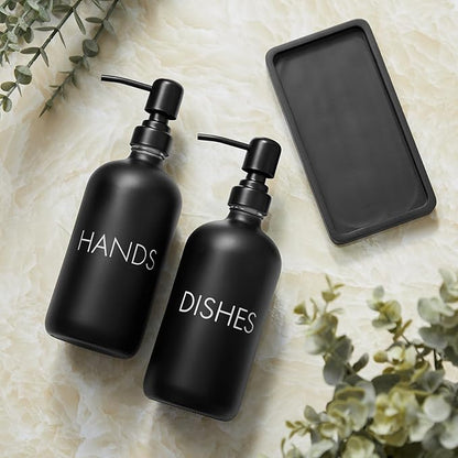 Black Dish and Hand Soap Dispenser Set - Glass Kitchen Soap Dispenser with Tray and Stainless Steel Pump - for Black Kitchen Decor and Accessories