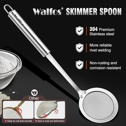 Walfos Skimmer Spoon,304 Stainless Steel Fine Mesh Strainer,Foam Strainer Oil Filter,Ultra Fine Mesh Strainer Perfect For Separation Of The Floating Foam,Fat,Set fo 2 - Image 4
