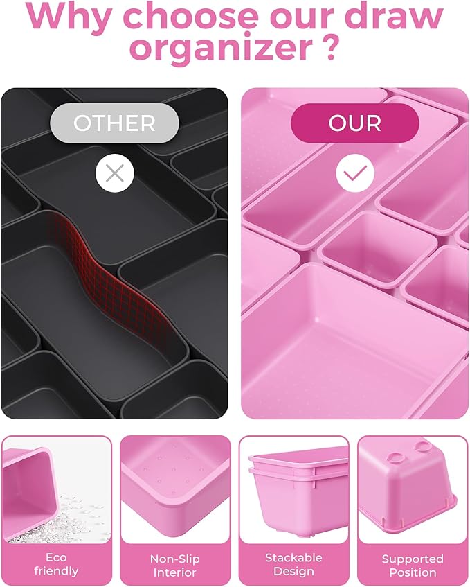 BiuLeon 25 PCS Plastic Drawer Organizers Set, 4-Sizes Vanity and Makeup Organizer, Desk and bathroom Drawer Organizer Trays, Organizers and Storage for Makeup, Jewelry, Gadgets, Utensils(Light Purple) - Image 5