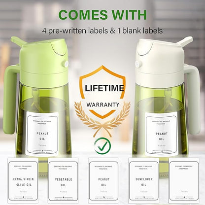 Vakoo Oil Sprayer for Cooking, 2 in 1 Oil Dispenser for Kitchen, 16oz/470ml Light-Blocking Dark Glass Olive Oil Spray Bottle, Air Fryer, Salad & BBQ (Green&White)