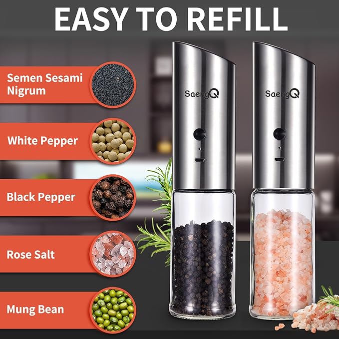 Electric Salt and Pepper Grinder Set - USB Rechargeable Gravity Salt and Pepper Shakers, Automatic Glass Mill with Adjustable Coarseness, LED Light, One-Hand Operation for Kitchen & Dining - Image 7