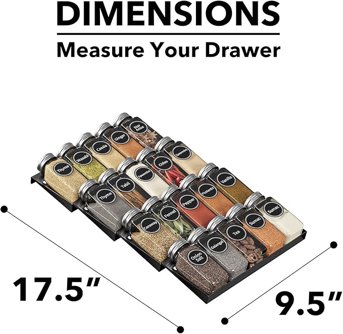SpaceAid Spice Drawer Organizer with 20 Spice Jars, 386 Spice Labels, 4 Tier Seasoning Rack Tray Insert for Kitchen Drawers, 9-1/2" Wide x 17-1/2" Deep - Image 4