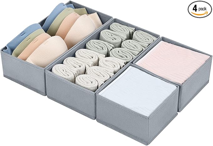 DIMJ Drawer Organizers Clothes, Set of 4 Dresser Organizer Bins, Fabric Closet Organizers and Storage, Shallow Drawer Dividers for Nursery, Clothing, Baby Clothes, Socks, Underwears, Tie (Grey) by DiMJ