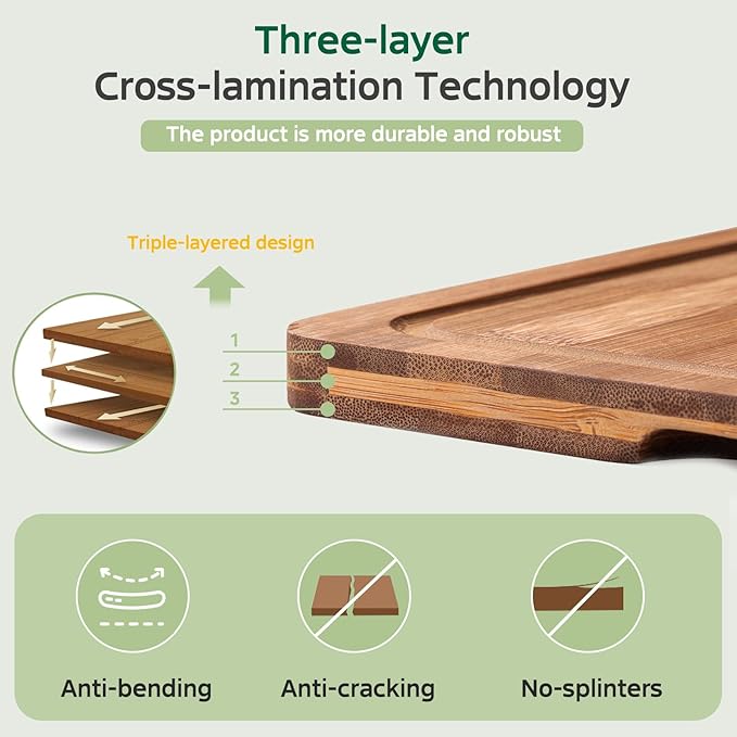 Bamboo Cutting Boards for Kitchen(Set of 3), Wood Cutting Board with Wood Storage Stand, Charcuterie & Chopping Board for Vegetables and Meat, with Deep Juice Groove, Ideal Kitchen Gifts - Image 6